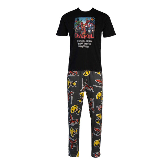 Black-Multicoloured - Front - Deadpool Mens Cinematic Cotton Pyjama Set