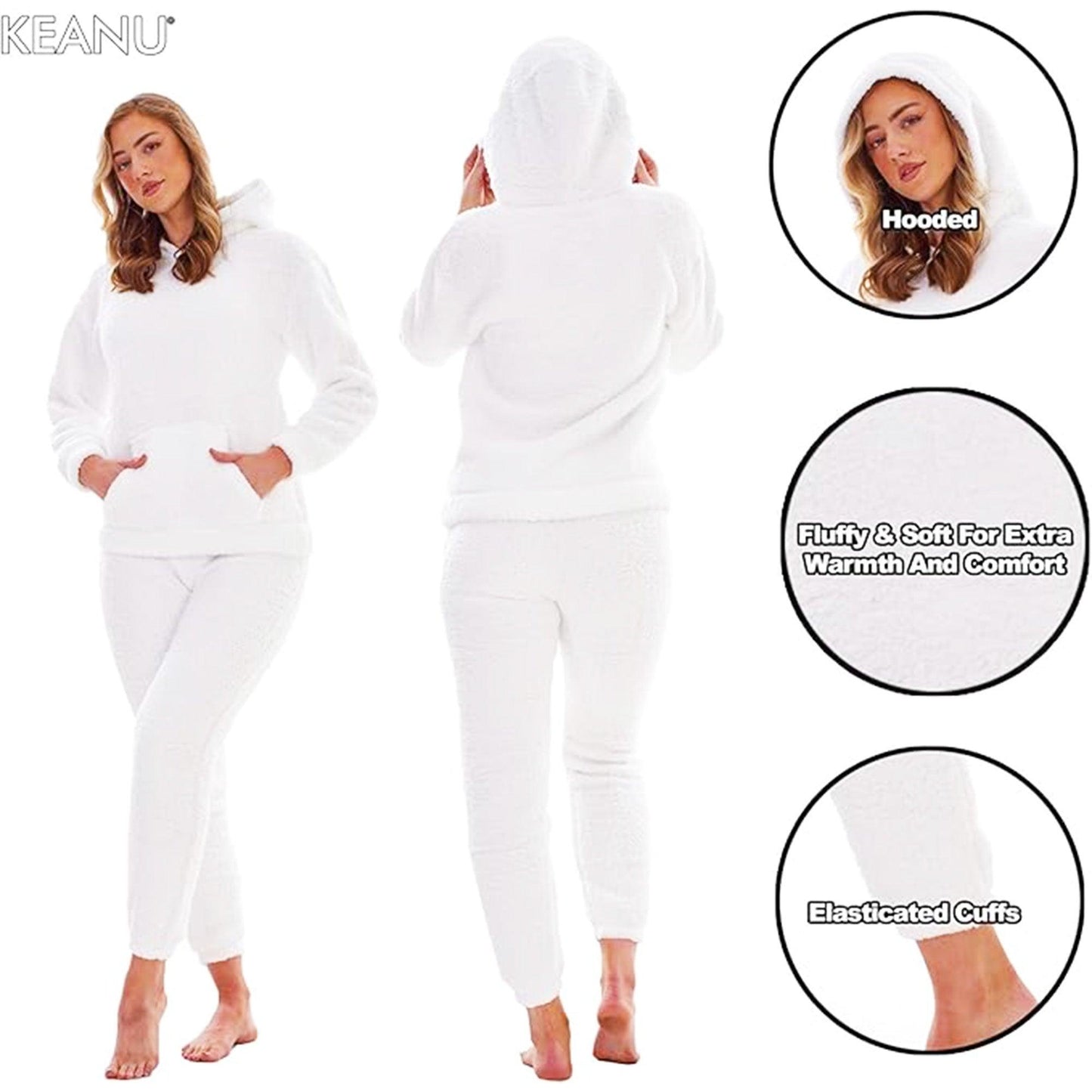 White - Back - Keanu Womens-Ladies Borg Long Pyjama Set