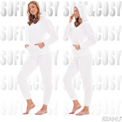 White - Side - Keanu Womens-Ladies Borg Long Pyjama Set