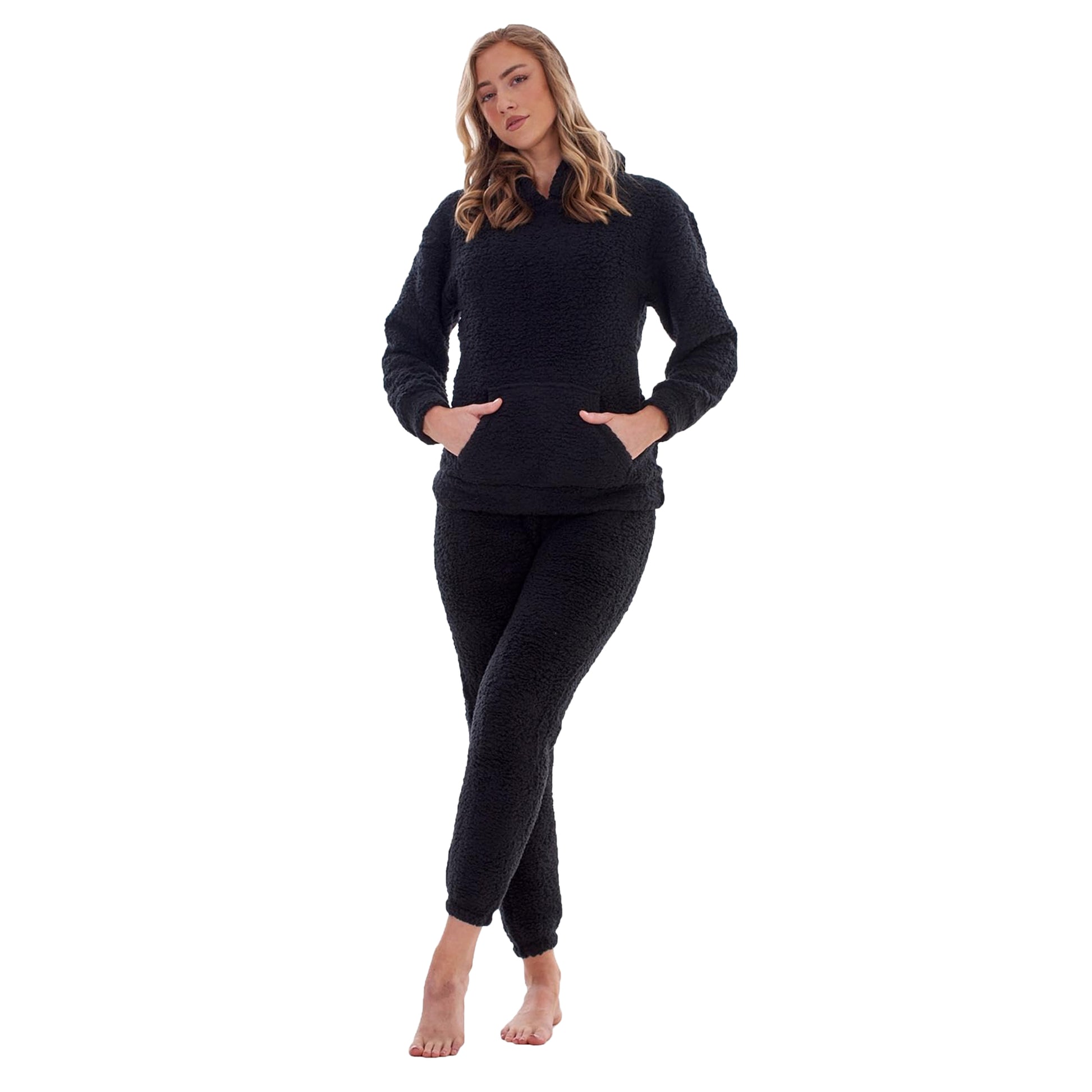 Black - Side - Keanu Womens-Ladies Borg Long Pyjama Set