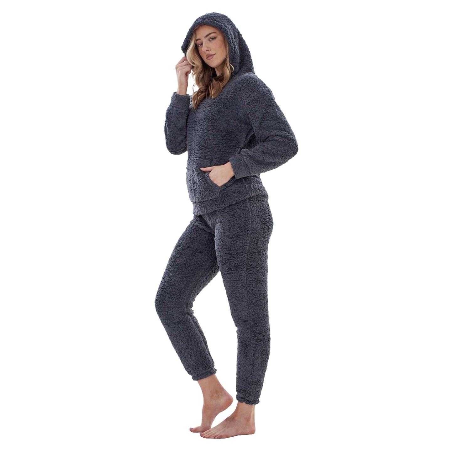 Charcoal - Front - Keanu Womens-Ladies Borg Long Pyjama Set