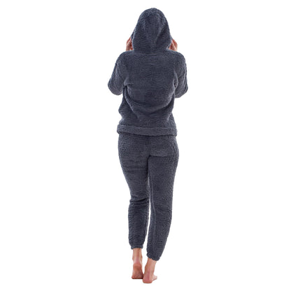 Charcoal - Back - Keanu Womens-Ladies Borg Long Pyjama Set