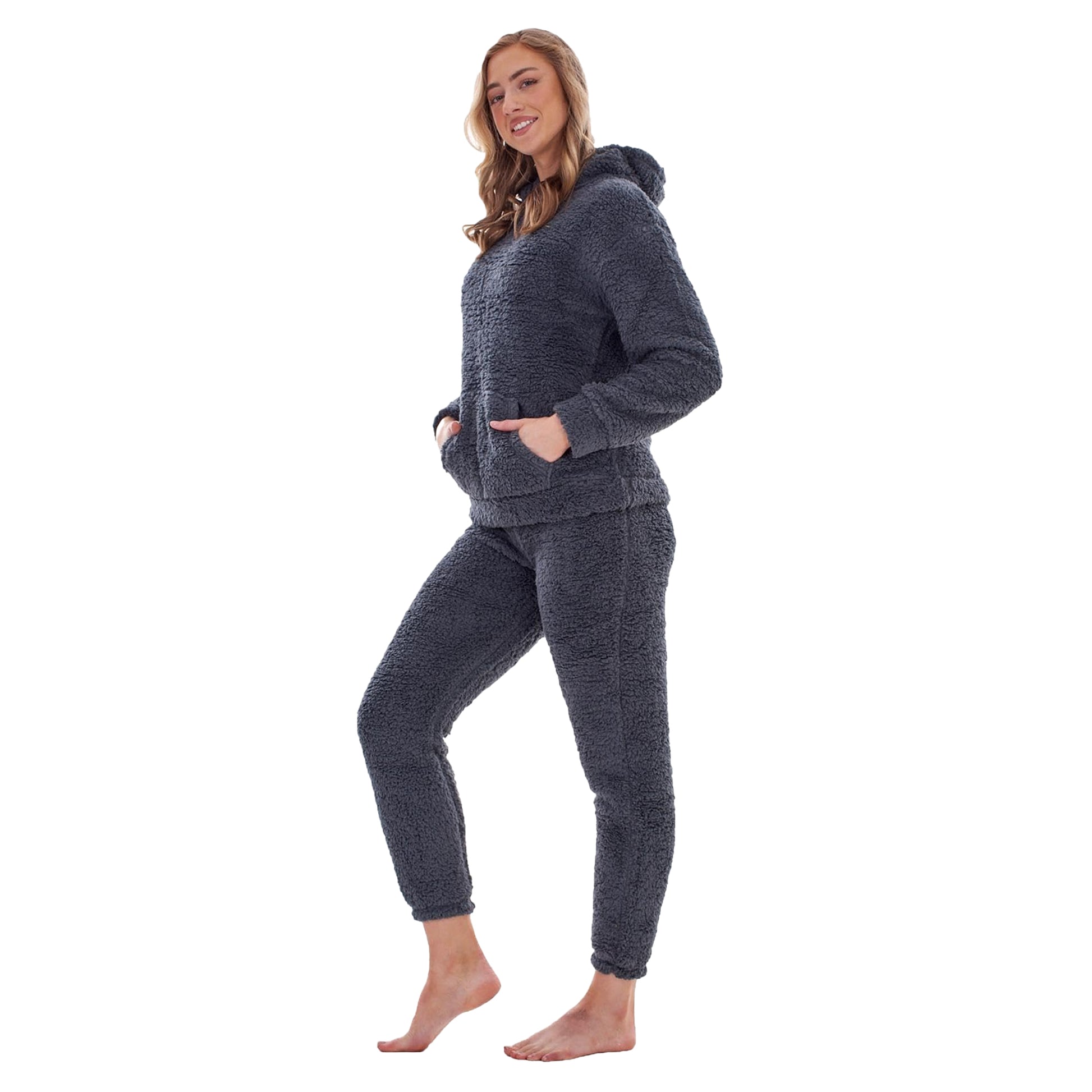 Charcoal - Side - Keanu Womens-Ladies Borg Long Pyjama Set