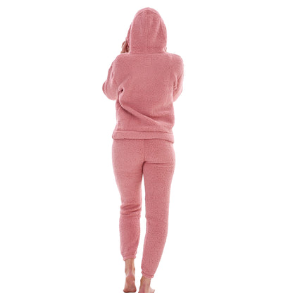Pink - Back - Keanu Womens-Ladies Borg Long Pyjama Set