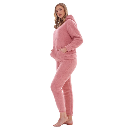 Pink - Side - Keanu Womens-Ladies Borg Long Pyjama Set
