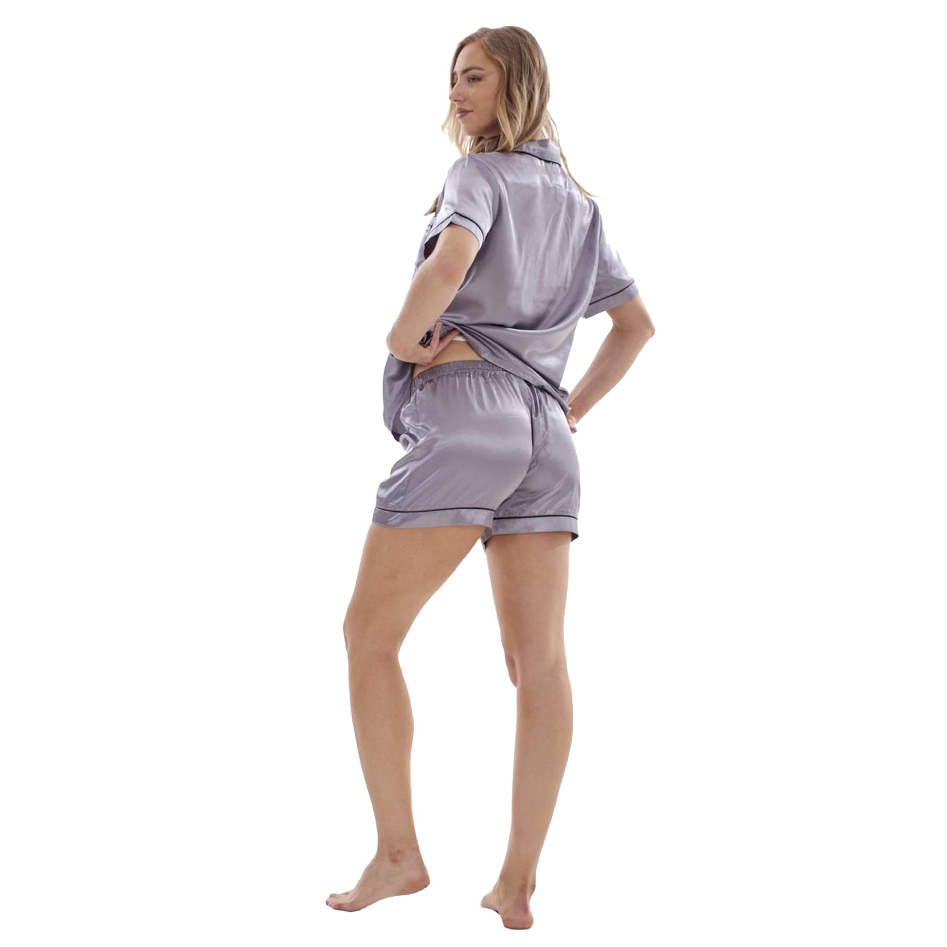 Grey - Back - Keanu Womens-Ladies Satin Short-Sleeved Short Pyjama Set