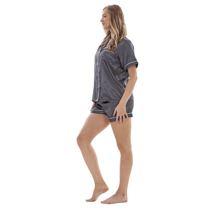 Charcoal - Side - Keanu Womens-Ladies Satin Short-Sleeved Short Pyjama Set