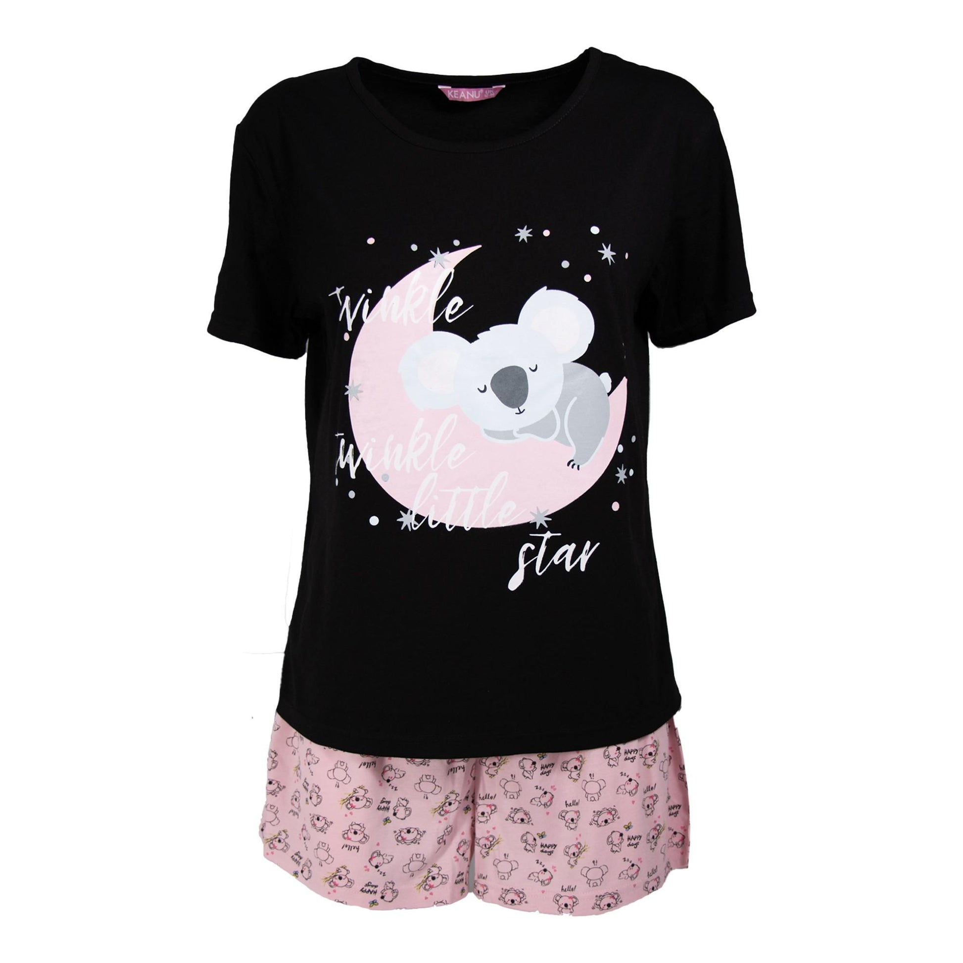 Black-Pink - Front - Keanu Womens-Ladies Twinkle Little Star Short-Sleeved Short Pyjama Set