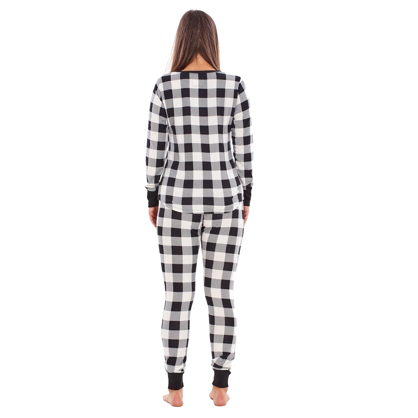 Black-White - Back - Keanu Womens-Ladies Buffalo Check Thermal Long Pyjama Set