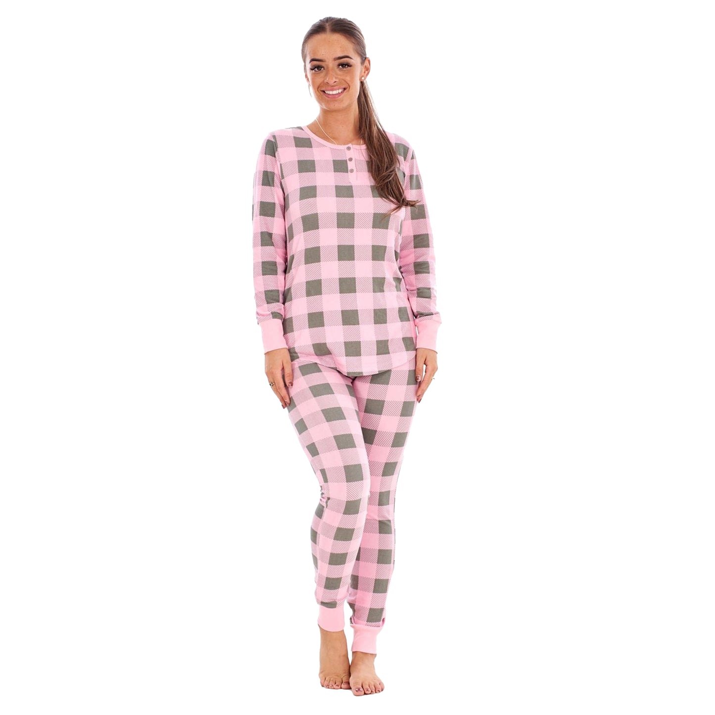 Pink-Grey - Front - Keanu Womens-Ladies Buffalo Check Thermal Long Pyjama Set