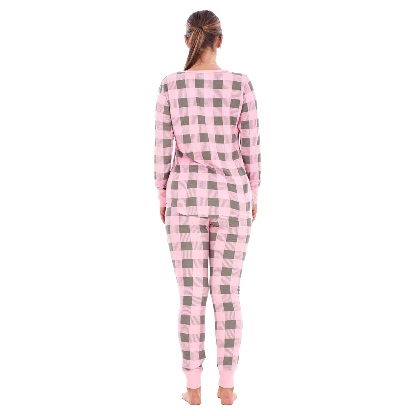 Pink-Grey - Back - Keanu Womens-Ladies Buffalo Check Thermal Long Pyjama Set