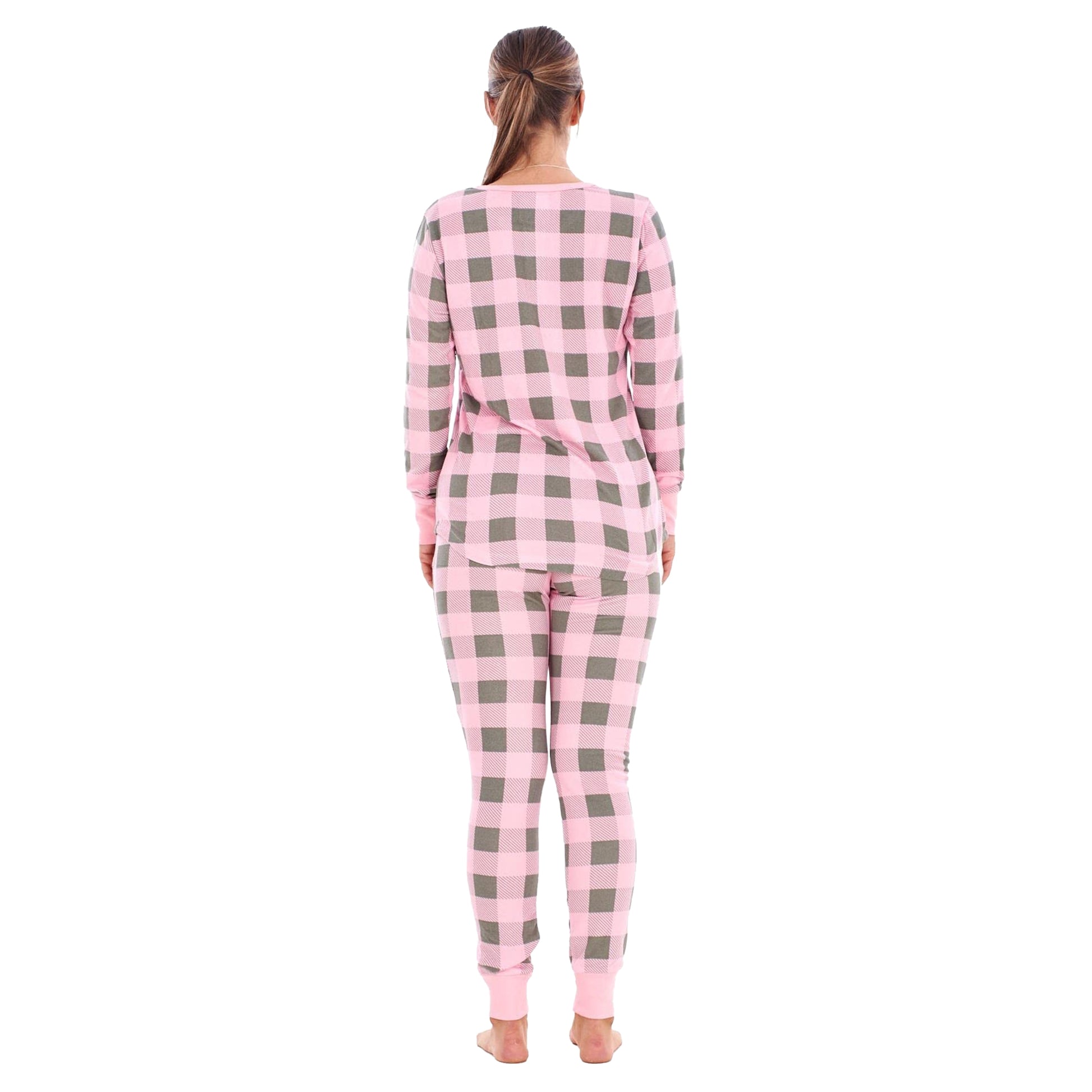Pink-Grey - Back - Keanu Womens-Ladies Buffalo Check Thermal Long Pyjama Set