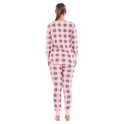 Pink-Grey - Back - Keanu Womens-Ladies Buffalo Check Thermal Long Pyjama Set