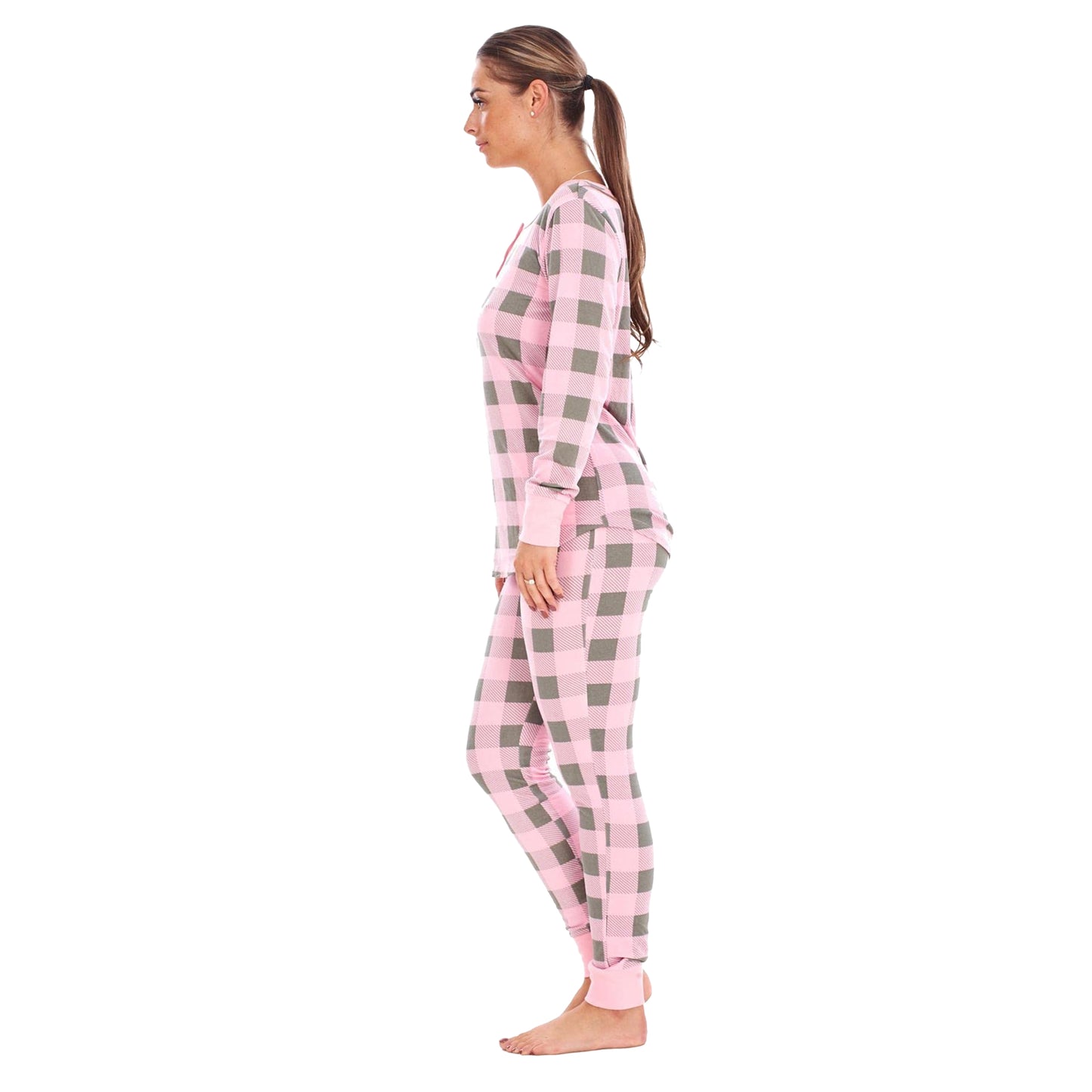 Pink-Grey - Side - Keanu Womens-Ladies Buffalo Check Thermal Long Pyjama Set