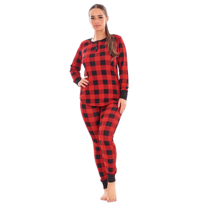Red-Black - Front - Keanu Womens-Ladies Buffalo Check Thermal Long Pyjama Set
