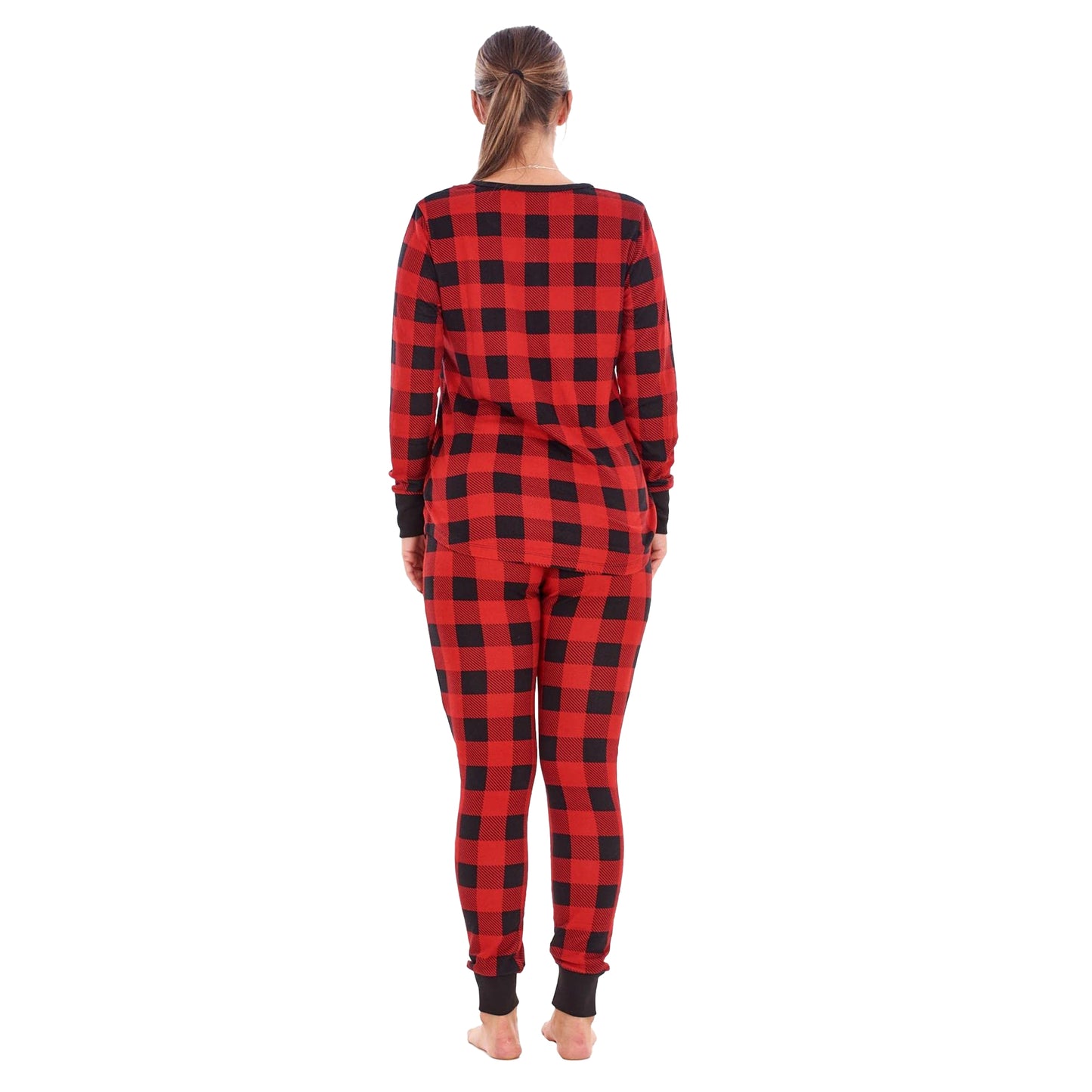 Red-Black - Back - Keanu Womens-Ladies Buffalo Check Thermal Long Pyjama Set