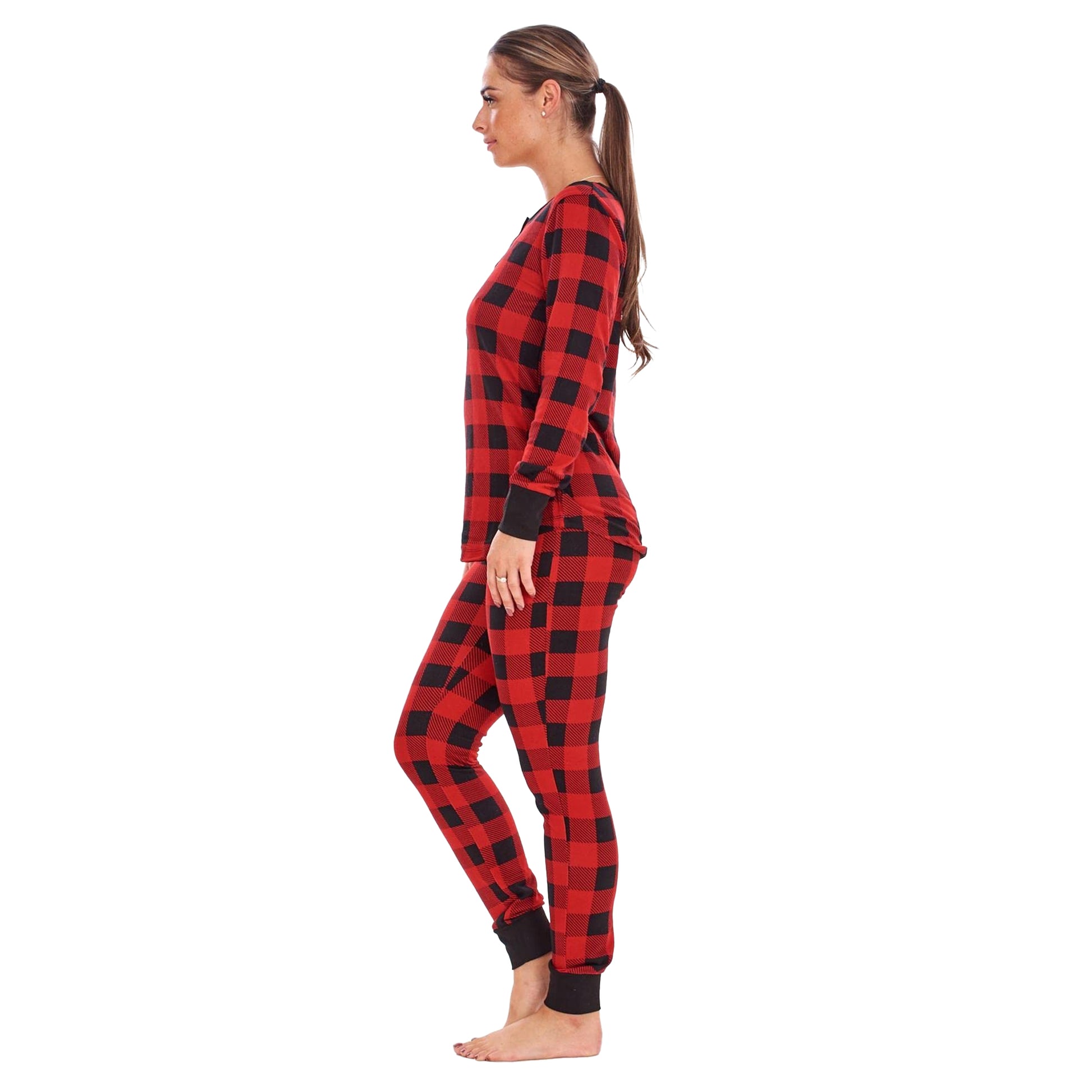 Red-Black - Side - Keanu Womens-Ladies Buffalo Check Thermal Long Pyjama Set