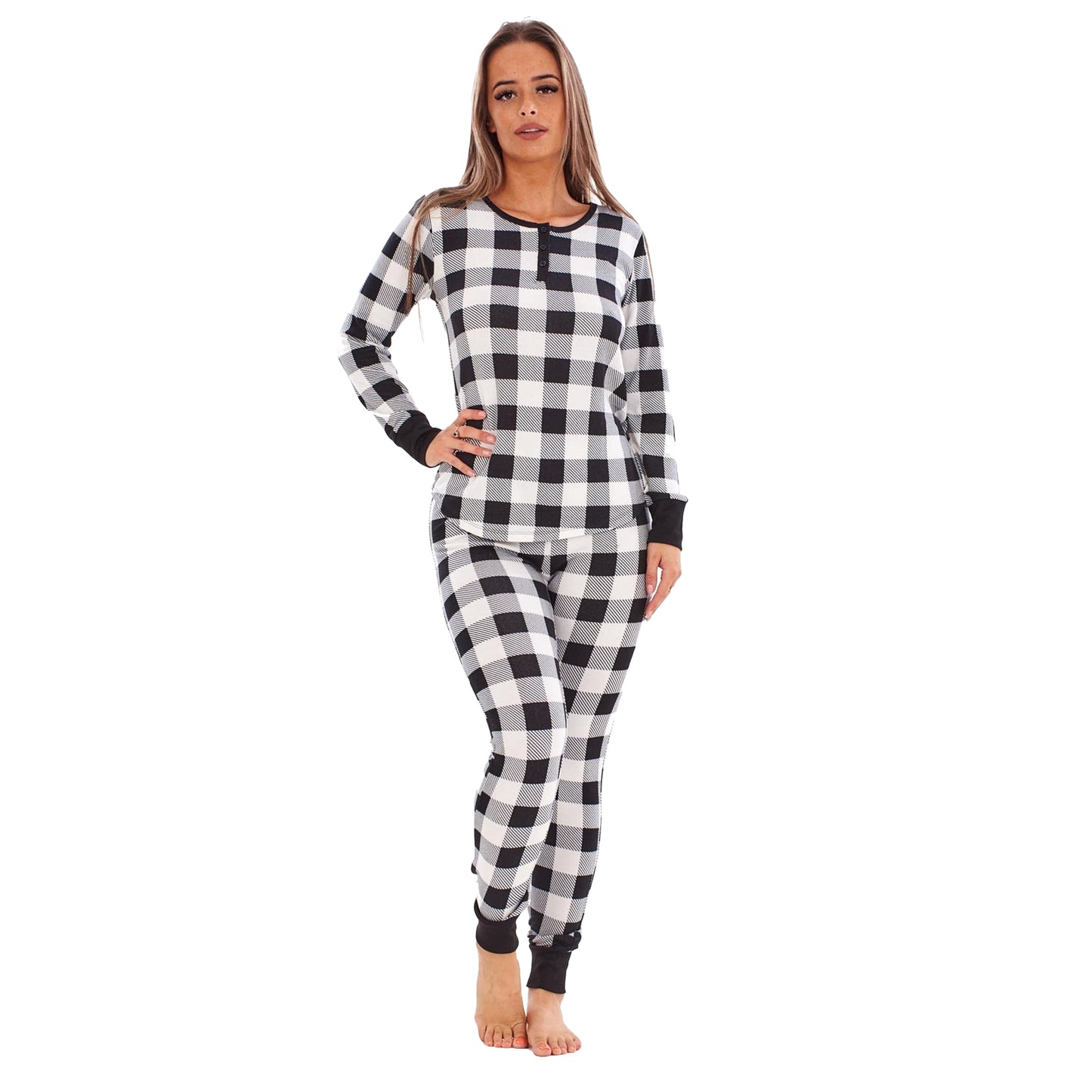 Black-White - Front - Keanu Womens-Ladies Buffalo Check Thermal Long Pyjama Set