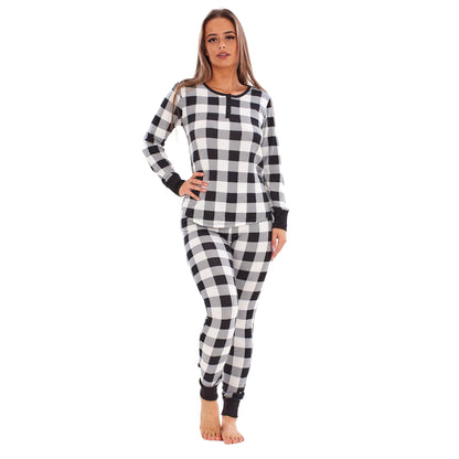 Black-White - Front - Keanu Womens-Ladies Buffalo Check Thermal Long Pyjama Set
