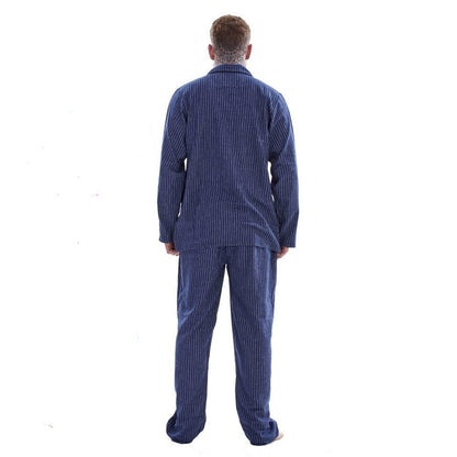 Blue - Back - Keanu Mens Stripe Brushed Long Pyjama Set