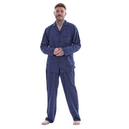 Blue - Front - Keanu Mens Stripe Brushed Long Pyjama Set