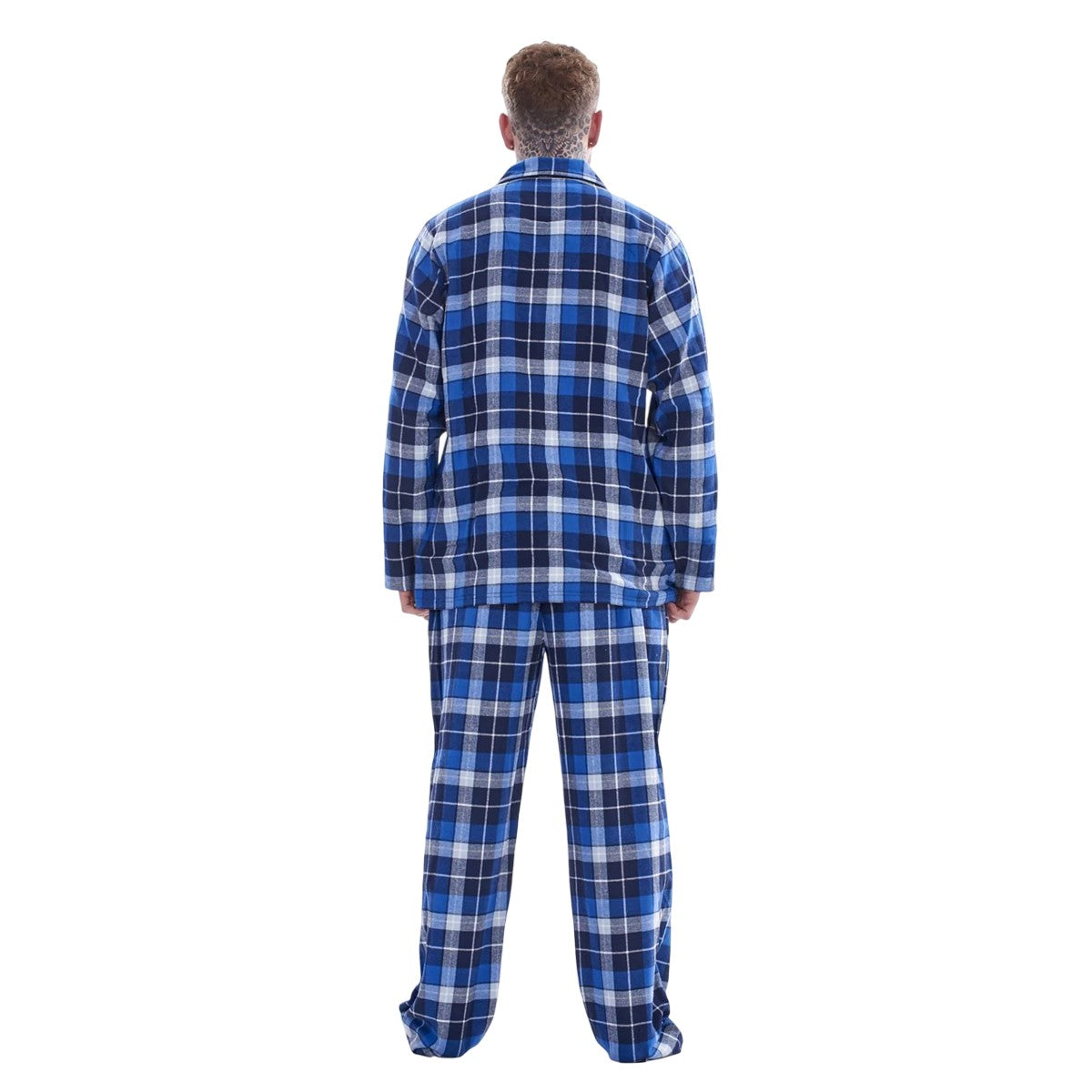 Blue-Grey - Back - Keanu Mens Checked Brushed Long Pyjama Set