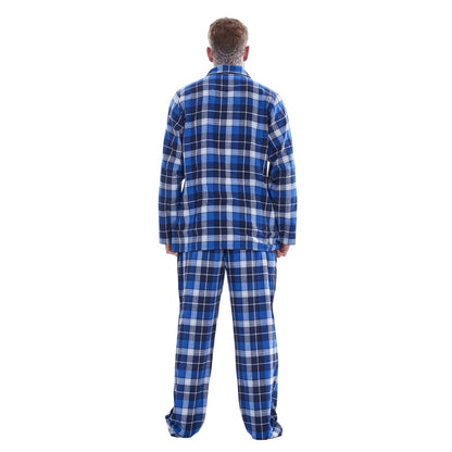 Blue-Grey - Back - Keanu Mens Checked Brushed Long Pyjama Set