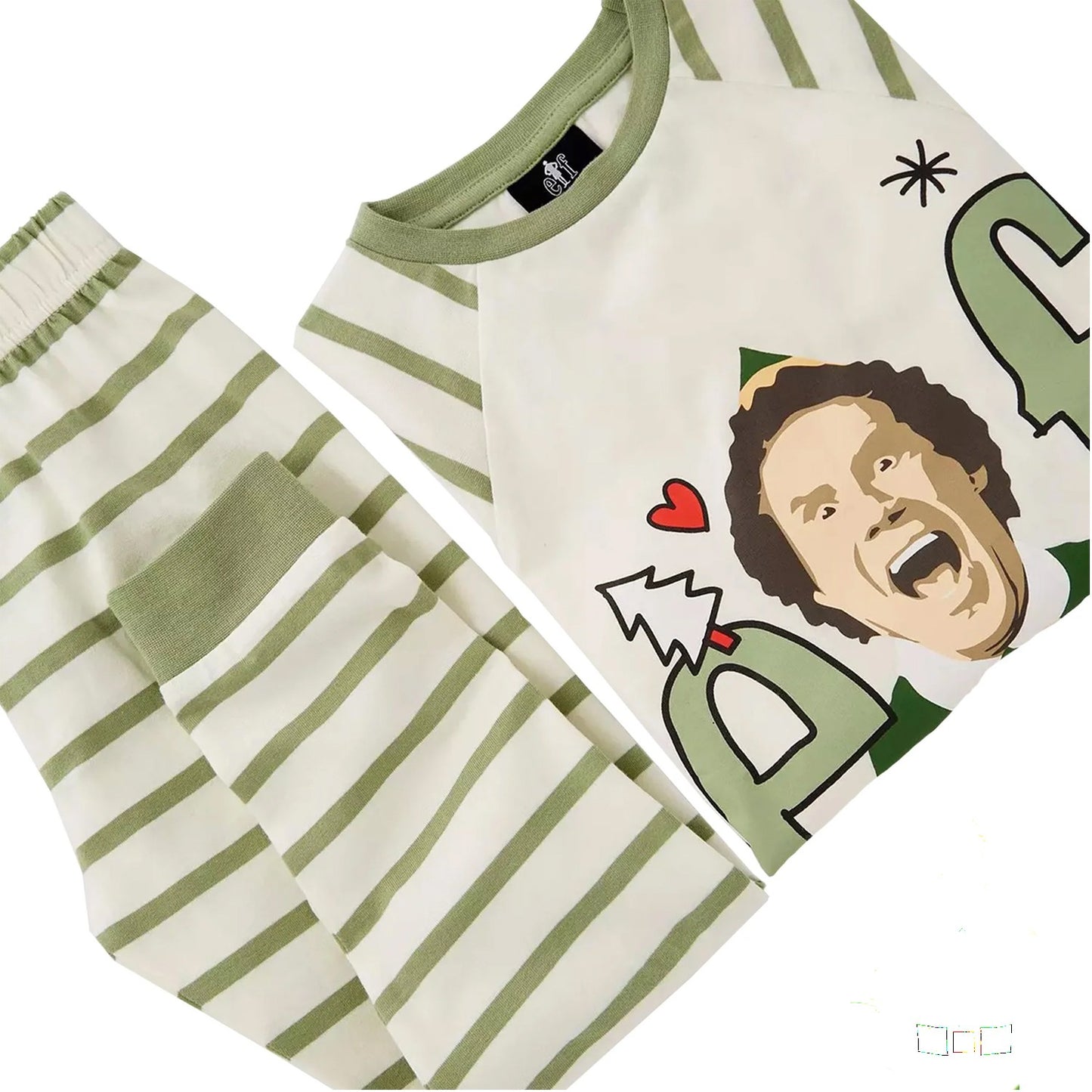 White-Green - Side - Elf Childrens-Kids Raglan Long-Sleeved Long Pyjama Set