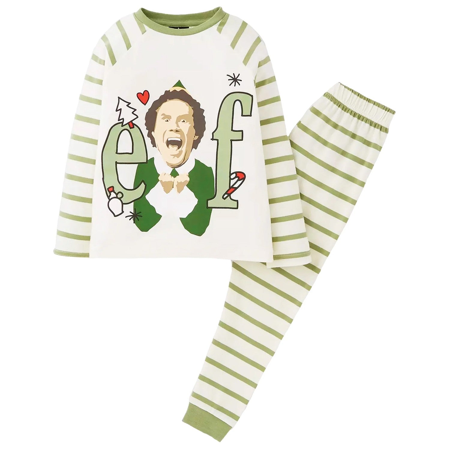 White-Green - Front - Elf Womens-Ladies Striped Long Pyjama Set