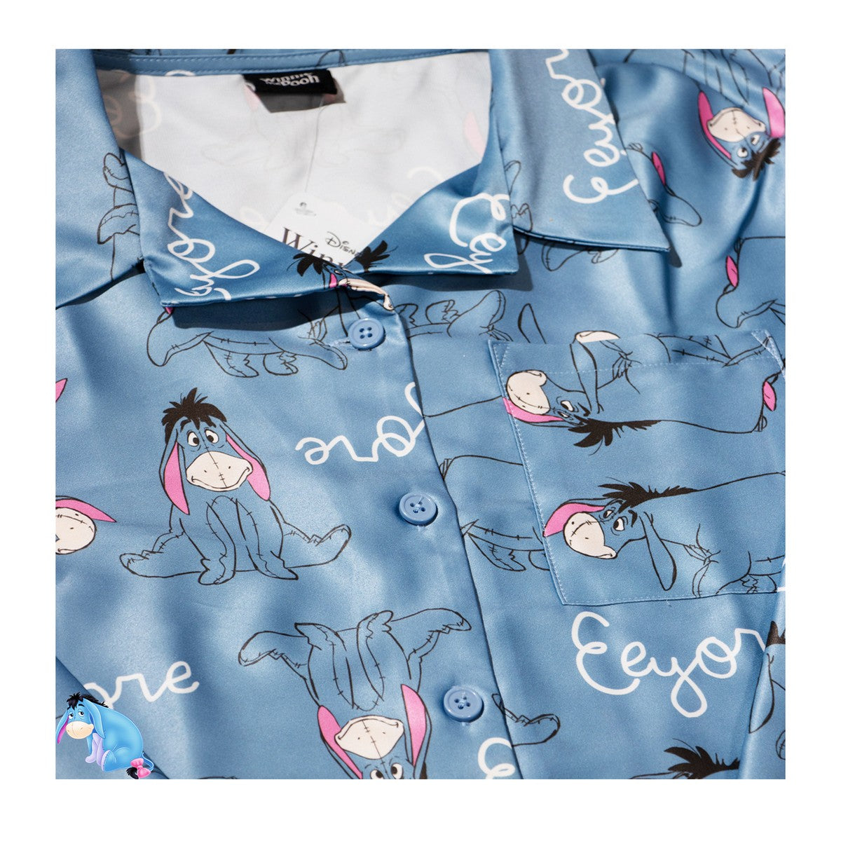 Blue - Back - Winnie the Pooh Girls Eeyore Satin Straight Leg Long Pyjama Set