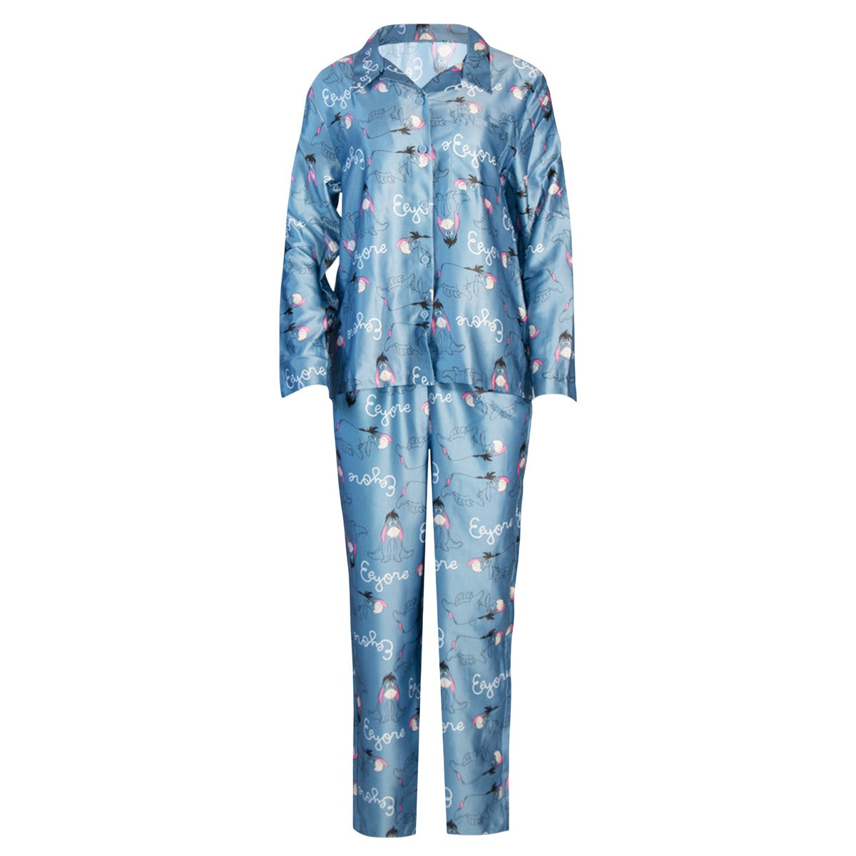 Blue - Front - Winnie the Pooh Girls Eeyore Satin Straight Leg Long Pyjama Set