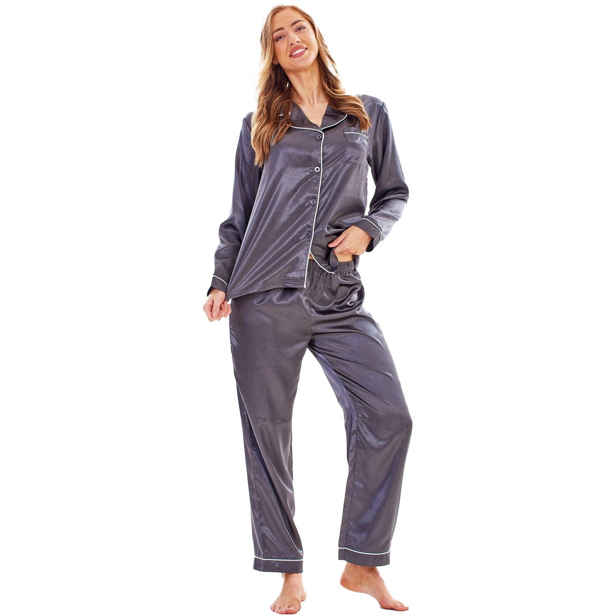 Pewter - Front - Keanu Womens-Ladies Satin Long Pyjama Set
