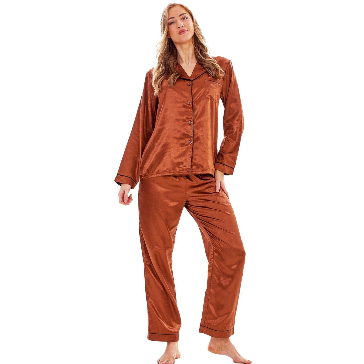 Brown - Front - Keanu Womens-Ladies Satin Long Pyjama Set