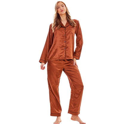 Brown - Front - Keanu Womens-Ladies Satin Long Pyjama Set