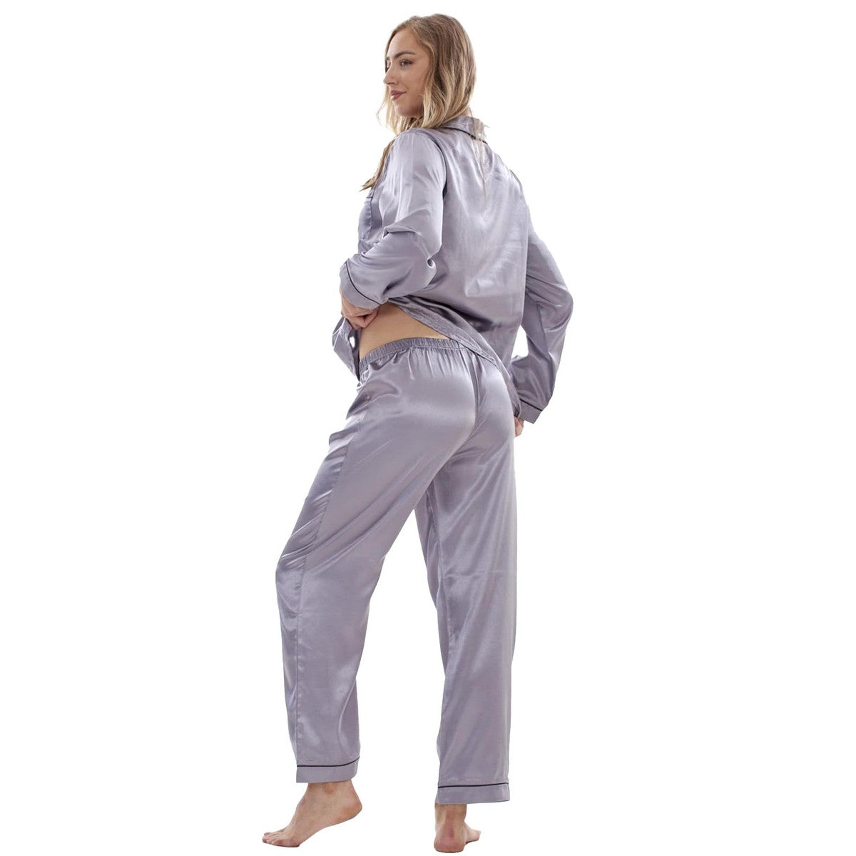 Grey - Back - Keanu Womens-Ladies Satin Long Pyjama Set