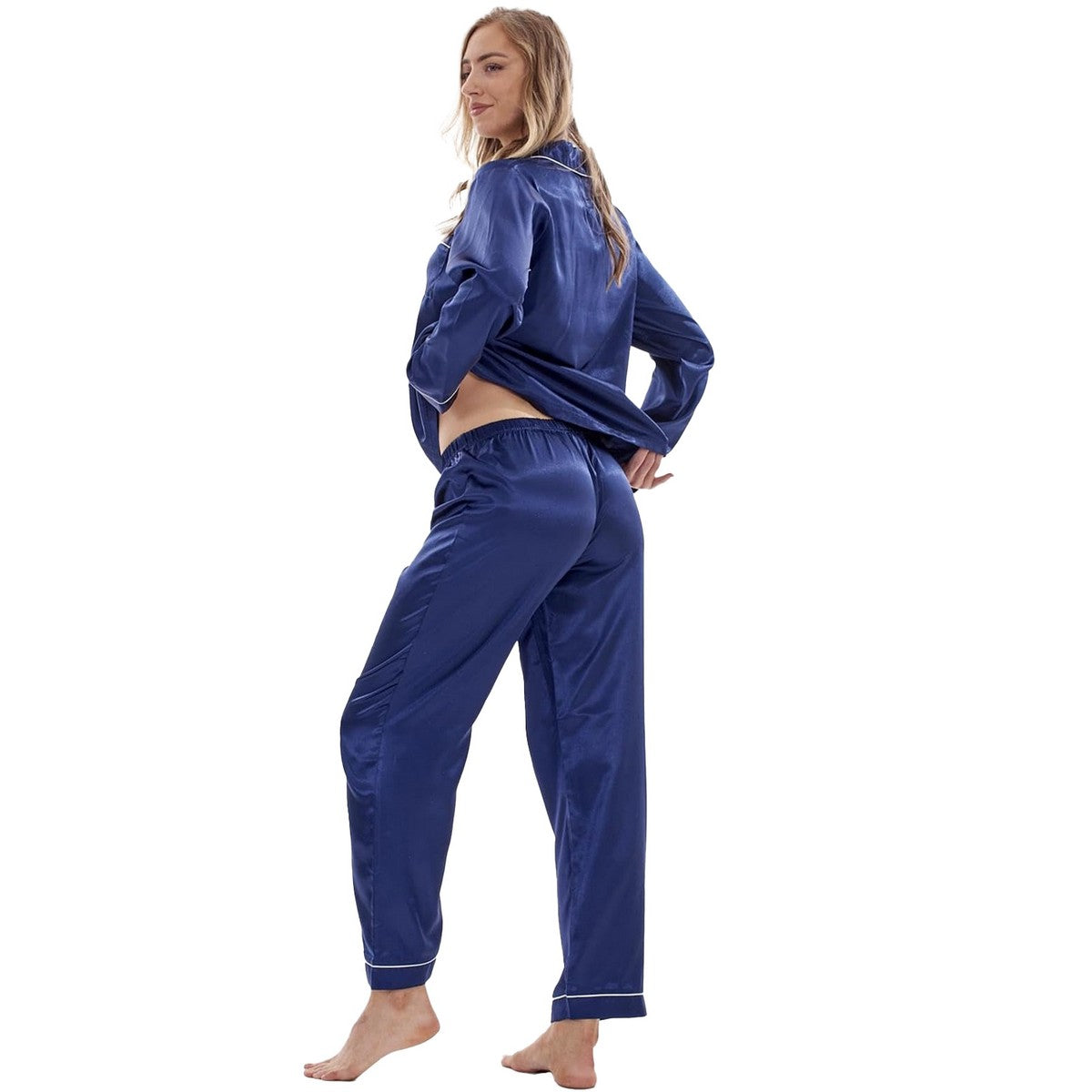 Navy - Back - Keanu Womens-Ladies Satin Long Pyjama Set