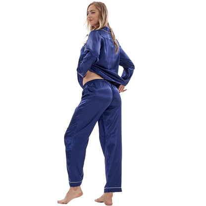 Navy - Back - Keanu Womens-Ladies Satin Long Pyjama Set