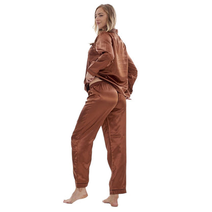 Brown - Back - Keanu Womens-Ladies Satin Long Pyjama Set