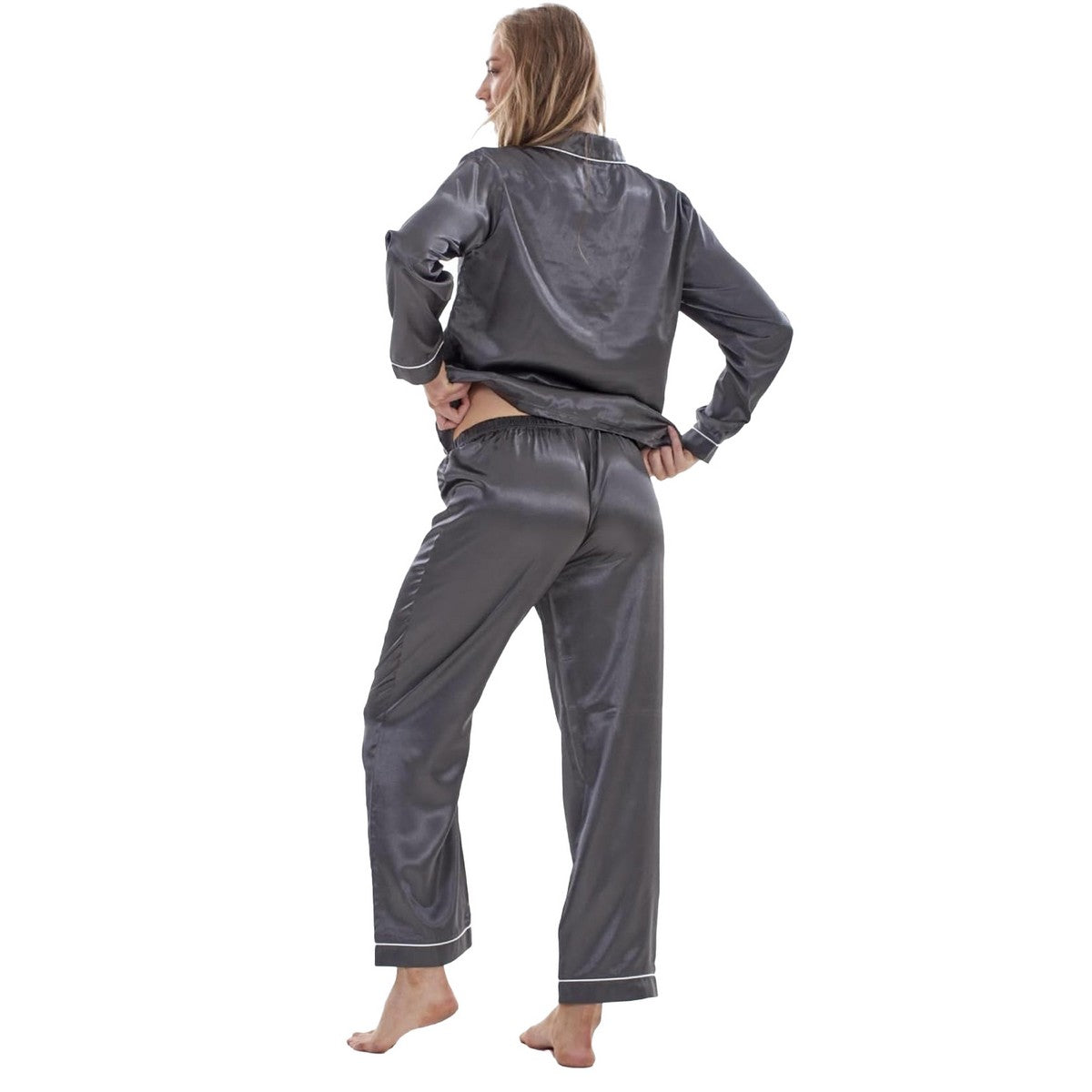 Pewter - Back - Keanu Womens-Ladies Satin Long Pyjama Set