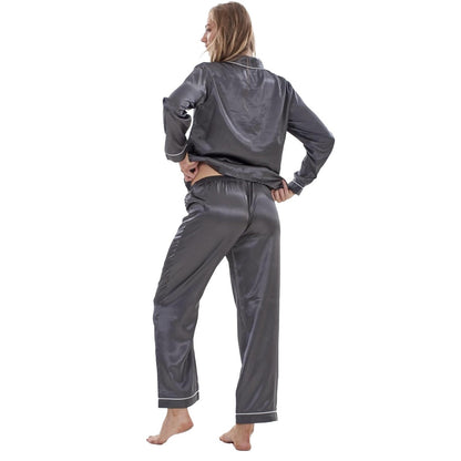 Pewter - Back - Keanu Womens-Ladies Satin Long Pyjama Set