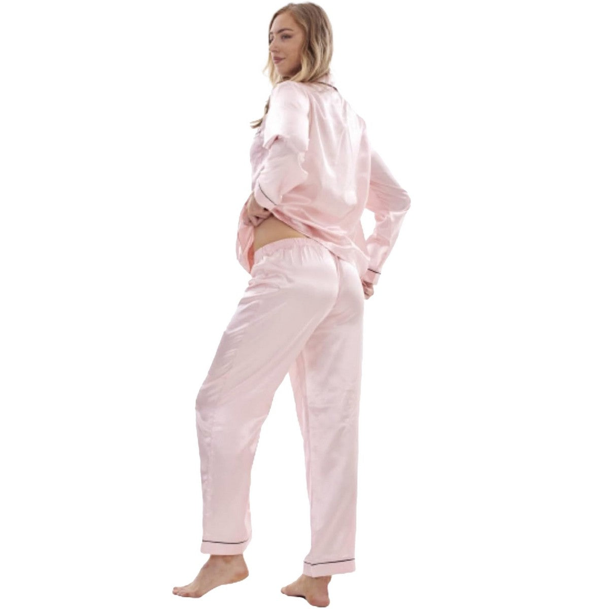 Pink - Back - Keanu Womens-Ladies Satin Long Pyjama Set