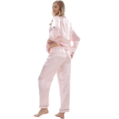 Pink - Back - Keanu Womens-Ladies Satin Long Pyjama Set