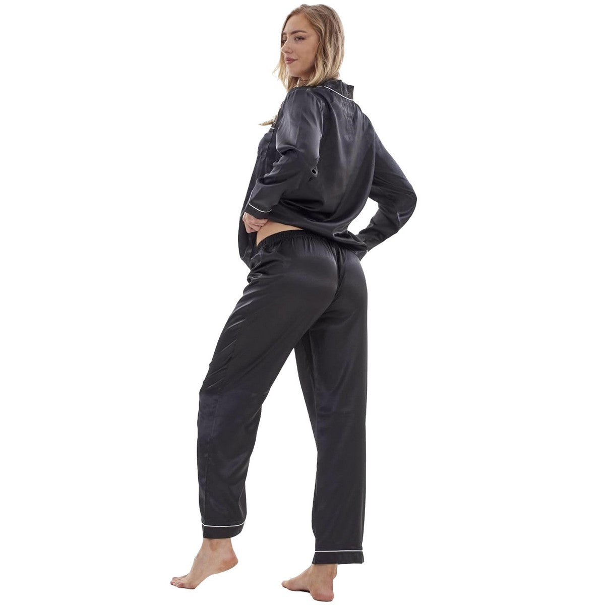 Black - Back - Keanu Womens-Ladies Satin Long Pyjama Set