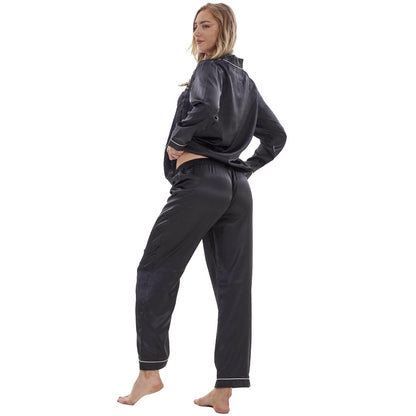 Black - Back - Keanu Womens-Ladies Satin Long Pyjama Set
