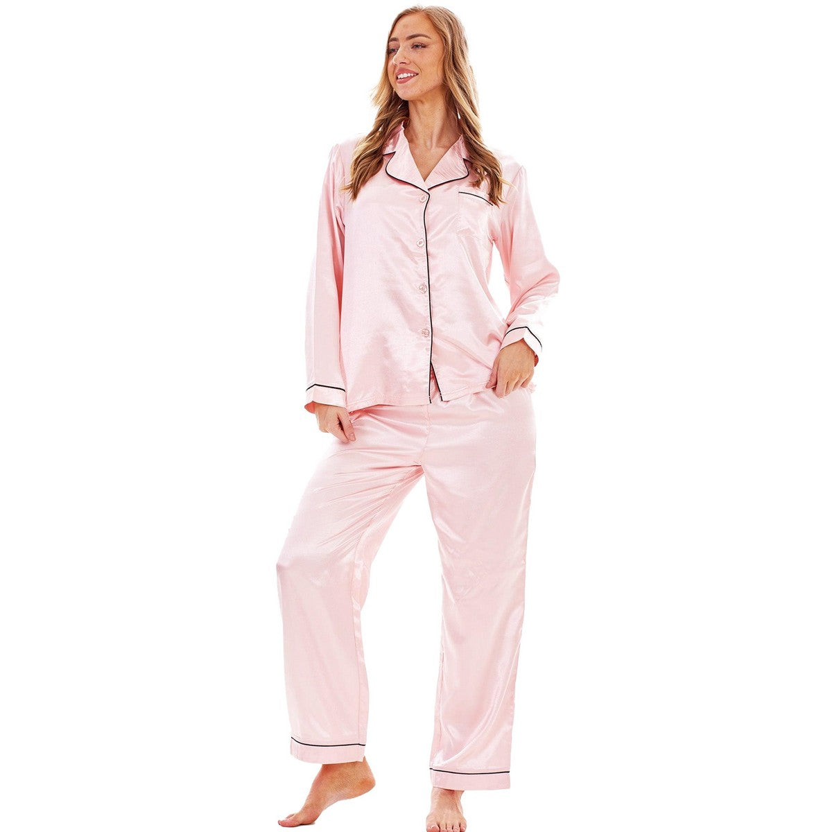 Pink - Front - Keanu Womens-Ladies Satin Long Pyjama Set
