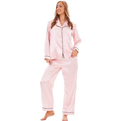 Pink - Front - Keanu Womens-Ladies Satin Long Pyjama Set