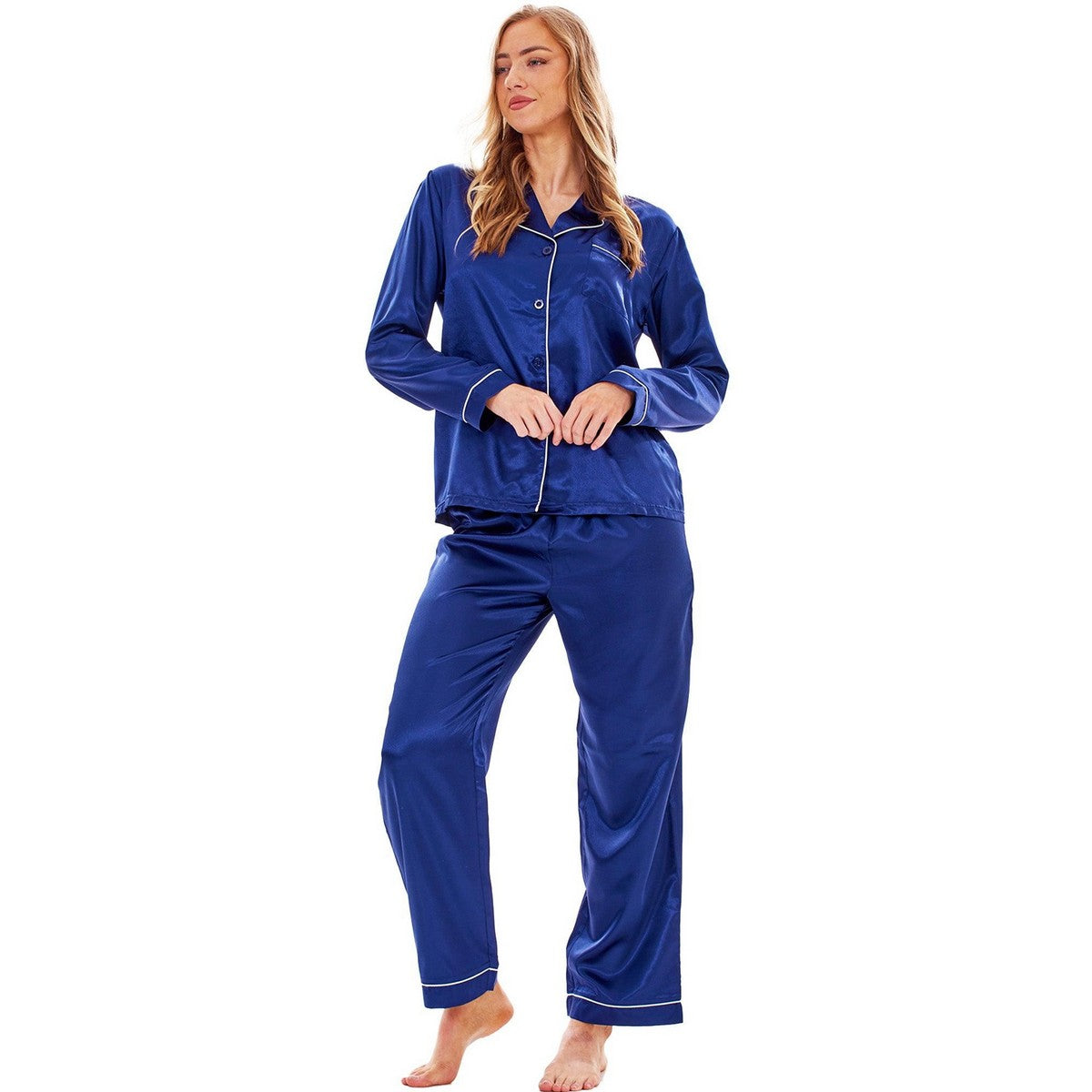 Navy - Front - Keanu Womens-Ladies Satin Long Pyjama Set