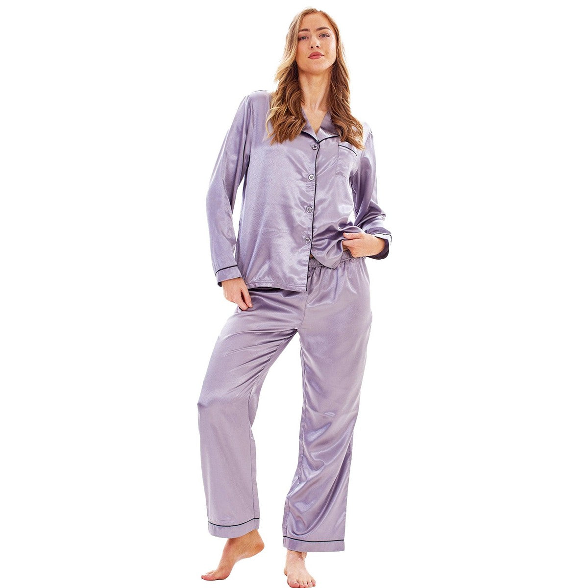 Grey - Front - Keanu Womens-Ladies Satin Long Pyjama Set