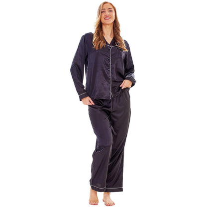 Black - Front - Keanu Womens-Ladies Satin Long Pyjama Set