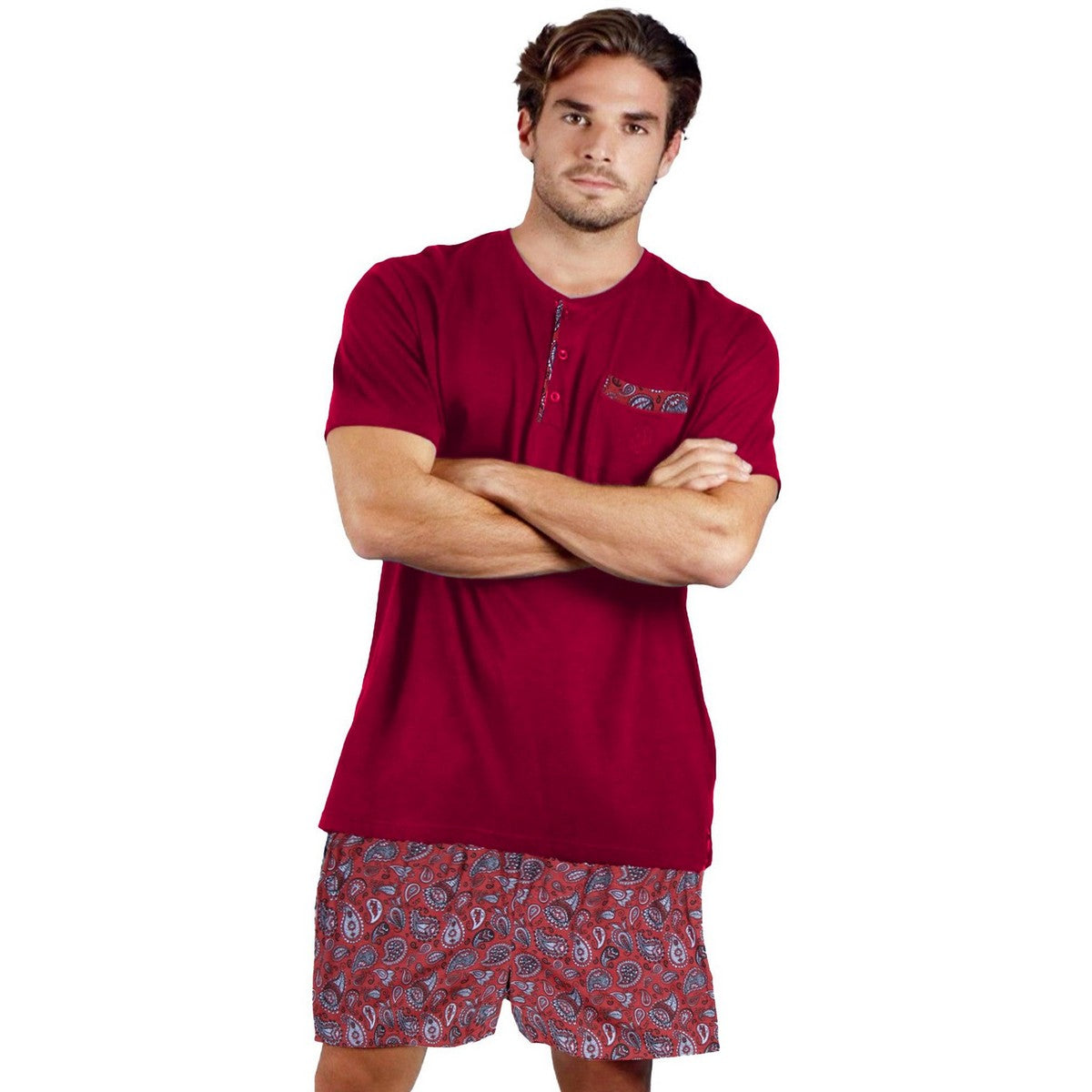 Red - Lifestyle - Keanu Mens Henley Short Pyjama Set